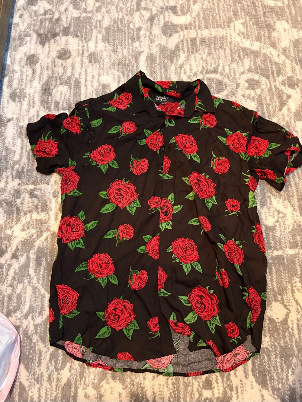 Eighty Eight Black Short-Sleeve Button-Up with Red Rose Print